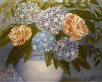 Hortensia och rosor. Olja, 30X45 cm.