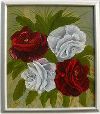 Fyra rosor, vita och röda. Olja, 20X20 cm.
